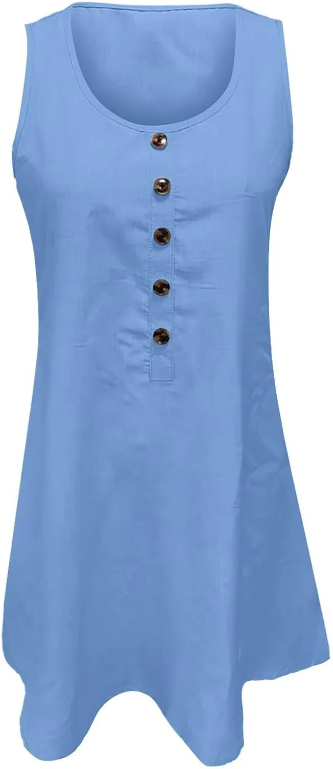 XOWRTE Womens Summer Dresses Beach Cover Up Loose V Neck Sleeveless Sundresses Swimsuit Coverup Button Trim with Pockets