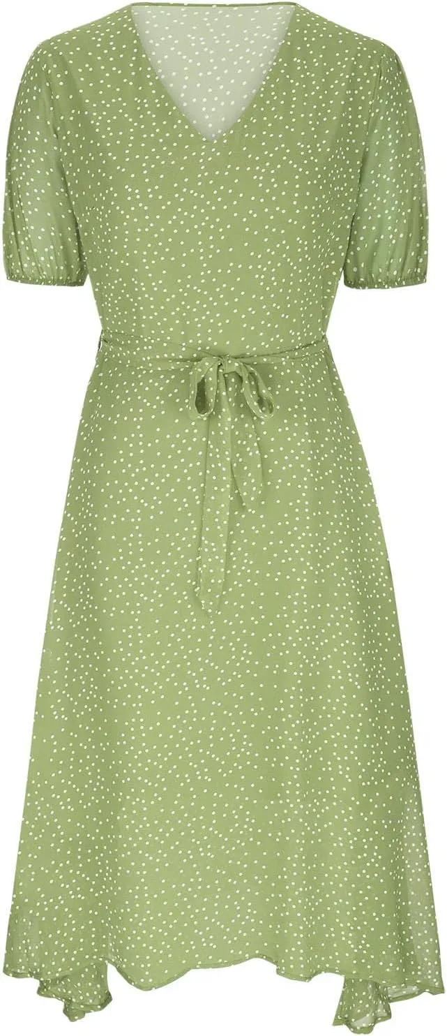 XUNRYAN Bohemian Dresses Women 2024 Summer Casual V-Neck Polka Dots Chiffon Wrap Midi Dress Below Knee Length Trendy Sundress