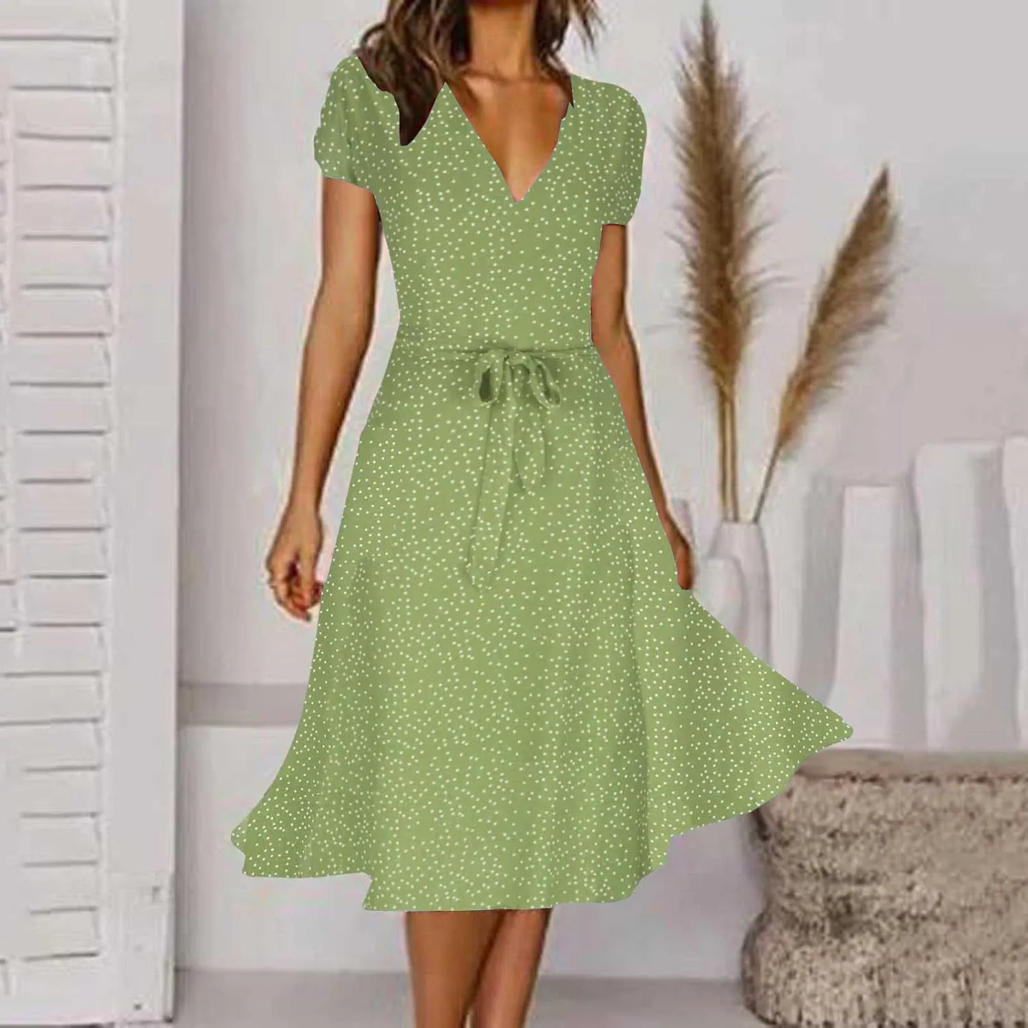 XUNRYAN Bohemian Dresses Women 2024 Summer Casual V-Neck Polka Dots Chiffon Wrap Midi Dress Below Knee Length Trendy Sundress