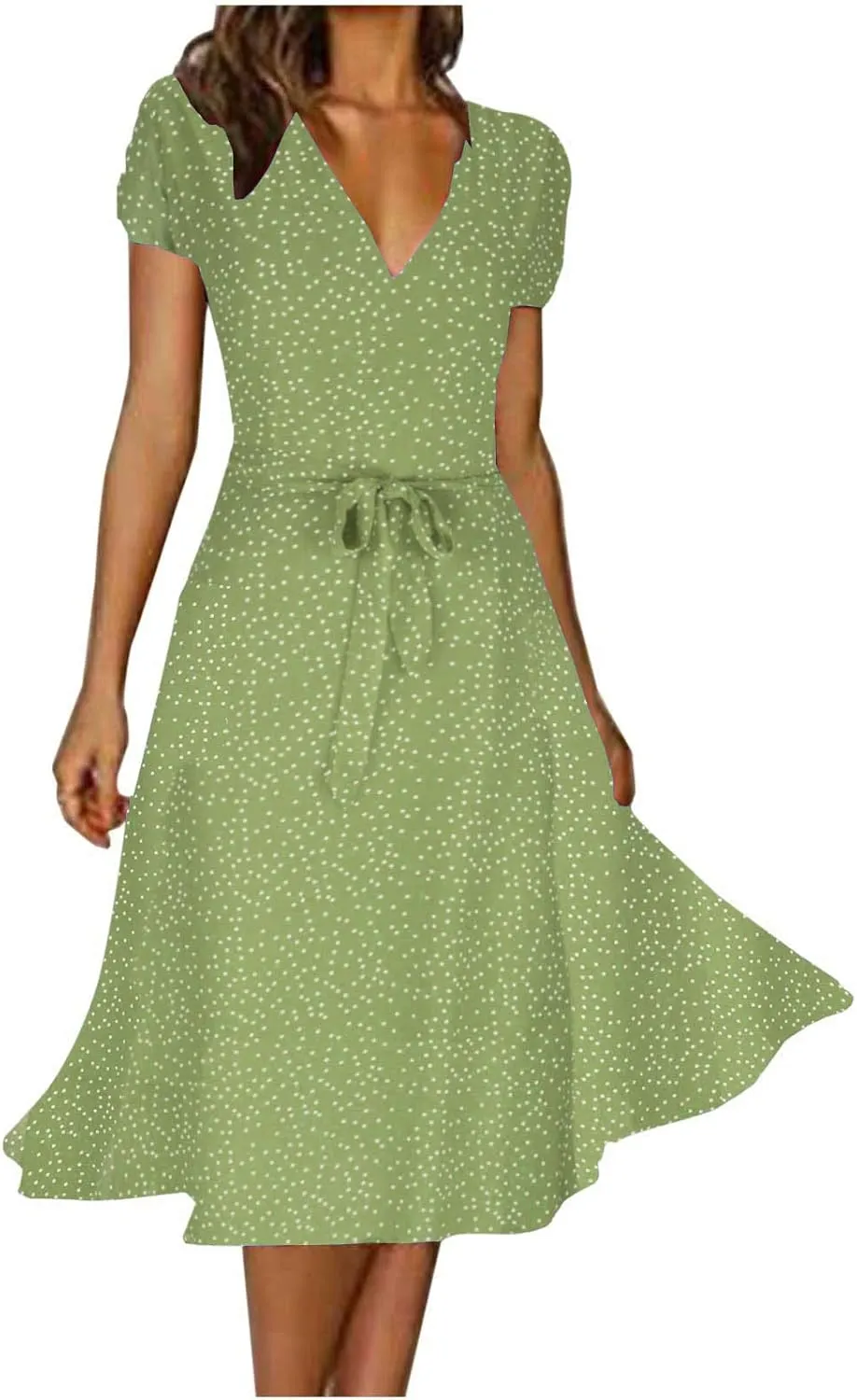 XUNRYAN Bohemian Dresses Women 2024 Summer Casual V-Neck Polka Dots Chiffon Wrap Midi Dress Below Knee Length Trendy Sundress
