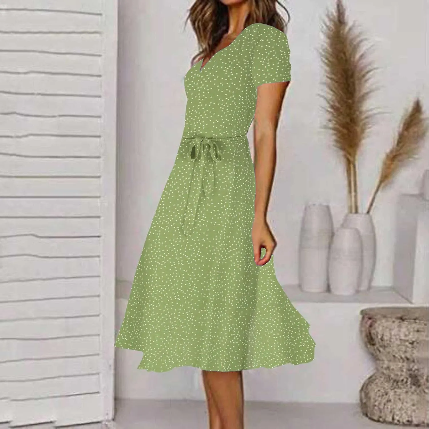 XUNRYAN Bohemian Dresses Women 2024 Summer Casual V-Neck Polka Dots Chiffon Wrap Midi Dress Below Knee Length Trendy Sundress