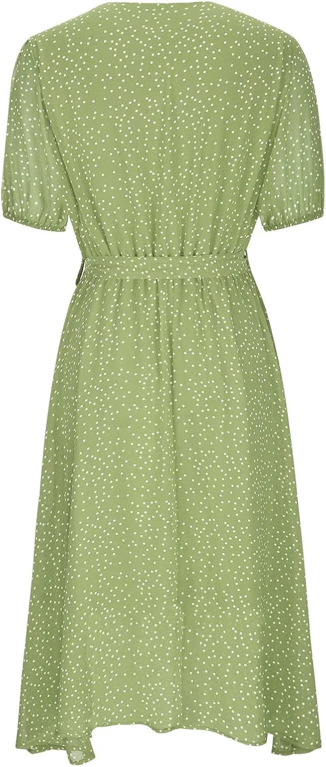 XUNRYAN Bohemian Dresses Women 2024 Summer Casual V-Neck Polka Dots Chiffon Wrap Midi Dress Below Knee Length Trendy Sundress