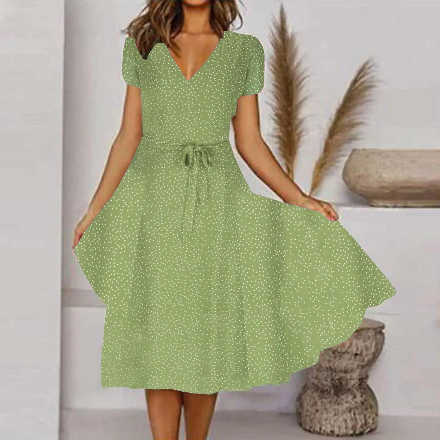 XUNRYAN Bohemian Dresses Women 2024 Summer Casual V-Neck Polka Dots Chiffon Wrap Midi Dress Below Knee Length Trendy Sundress