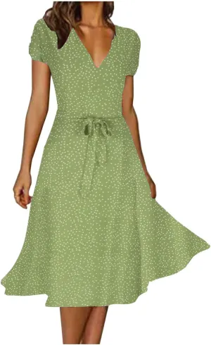 XUNRYAN Bohemian Dresses Women 2024 Summer Casual V-Neck Polka Dots Chiffon Wrap Midi Dress Below Knee Length Trendy Sundress