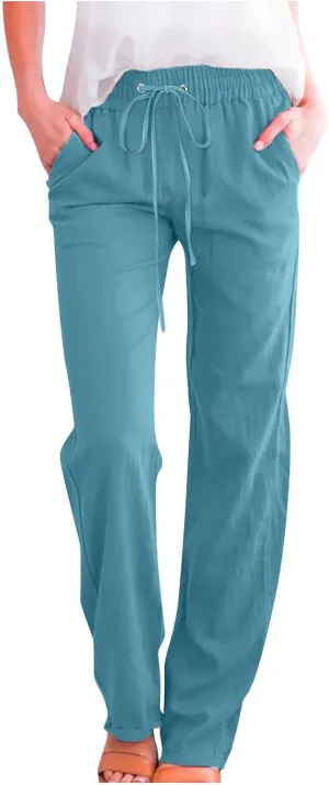 YRAETENM Linen Pants for Women Casual High Waist Drawstring Pants Loose Fit Summer Straight Leg Pants Trousers with Pockets