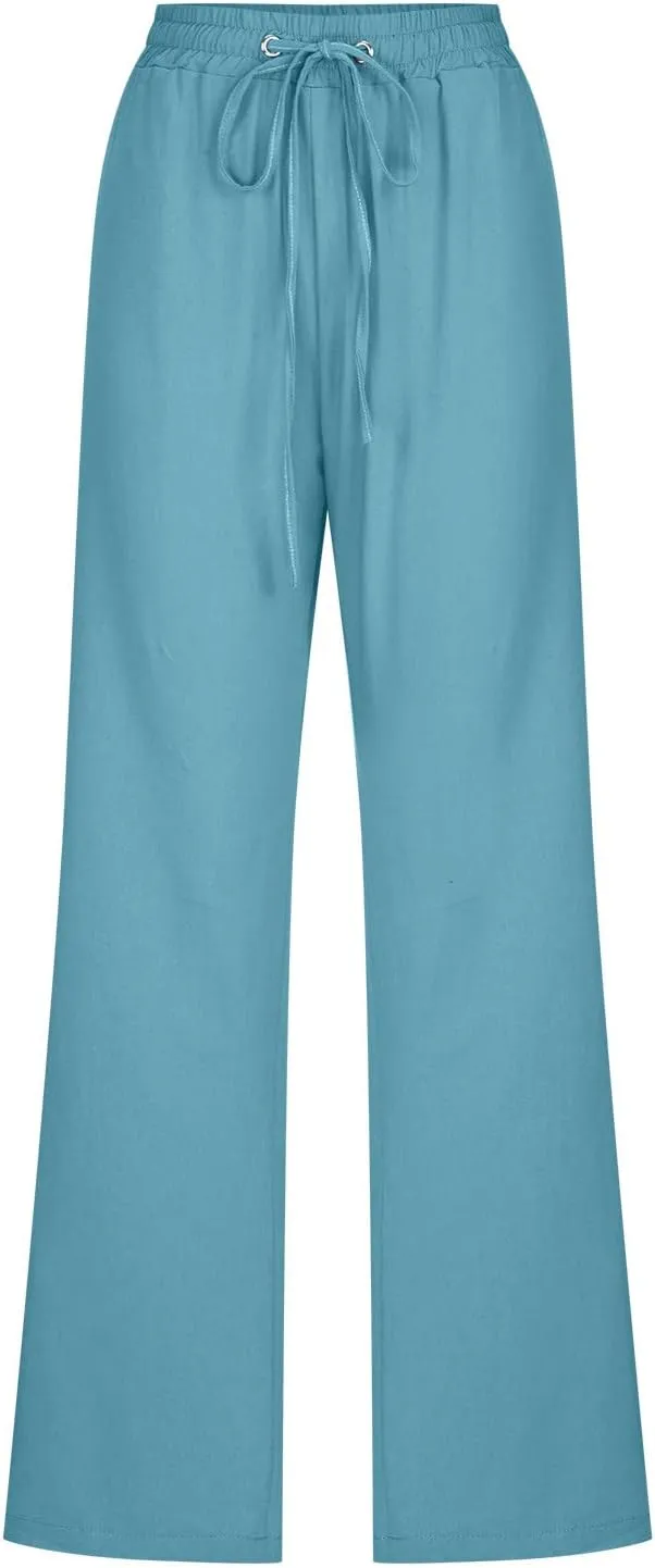 YRAETENM Linen Pants for Women Casual High Waist Drawstring Pants Loose Fit Summer Straight Leg Pants Trousers with Pockets