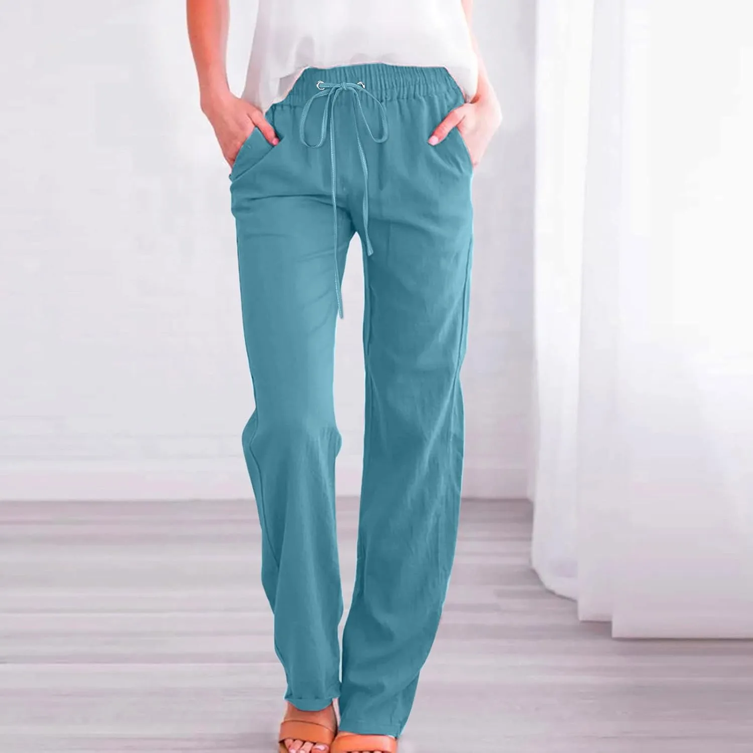 YRAETENM Linen Pants for Women Casual High Waist Drawstring Pants Loose Fit Summer Straight Leg Pants Trousers with Pockets