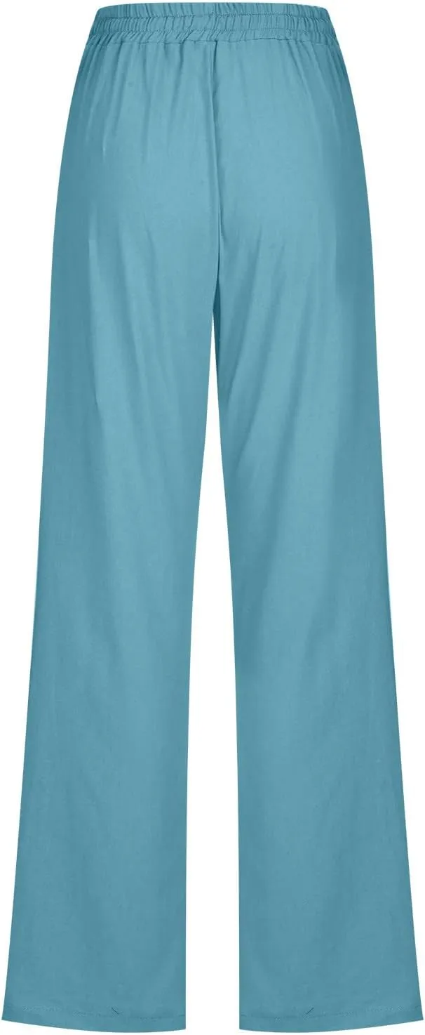 YRAETENM Linen Pants for Women Casual High Waist Drawstring Pants Loose Fit Summer Straight Leg Pants Trousers with Pockets