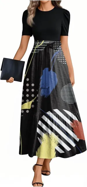 ZEFOTIM Maxi Dress for Women Beach Striped Dress Short Sleeve Crew Neck Dresses with Belt