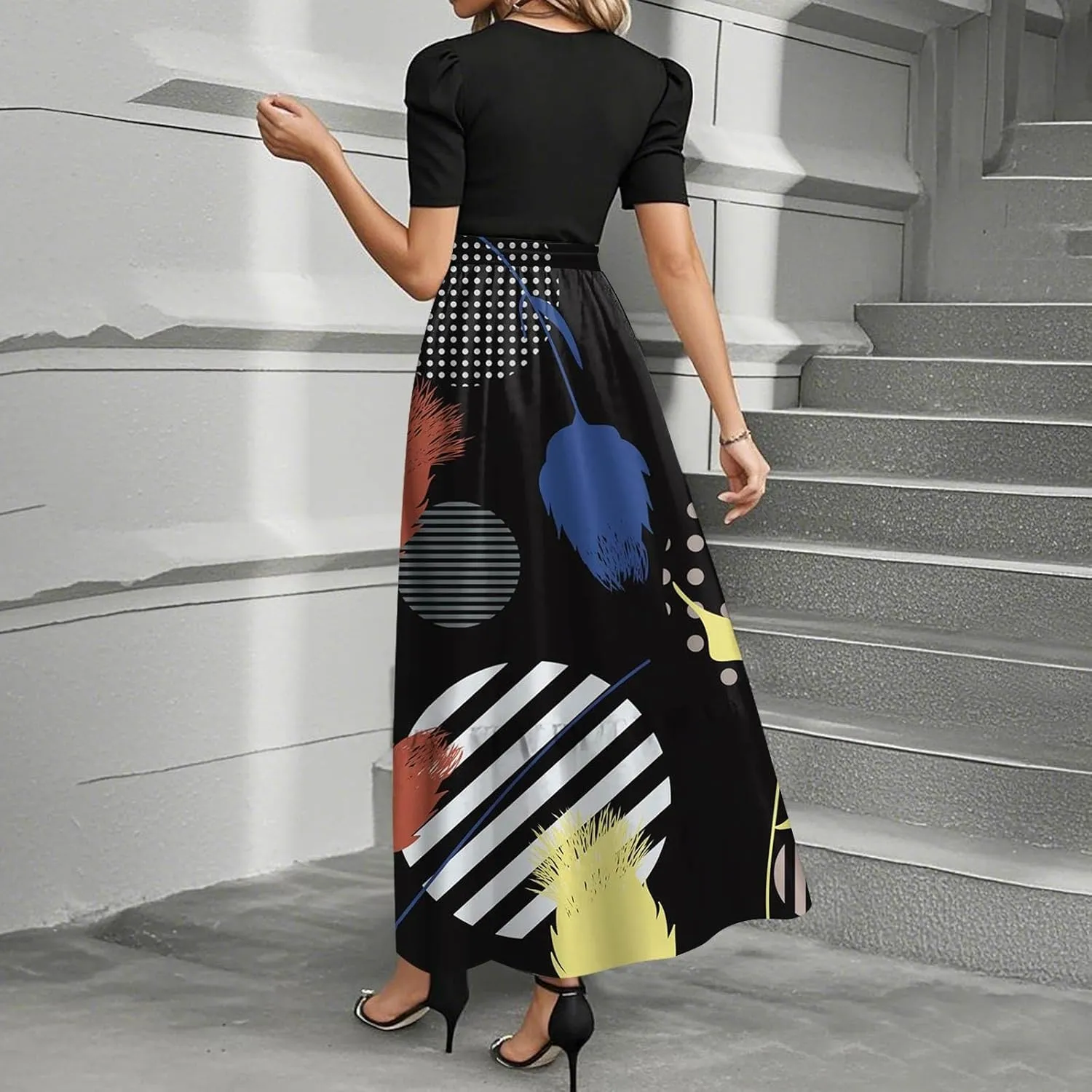 ZEFOTIM Maxi Dress for Women Beach Striped Dress Short Sleeve Crew Neck Dresses with Belt