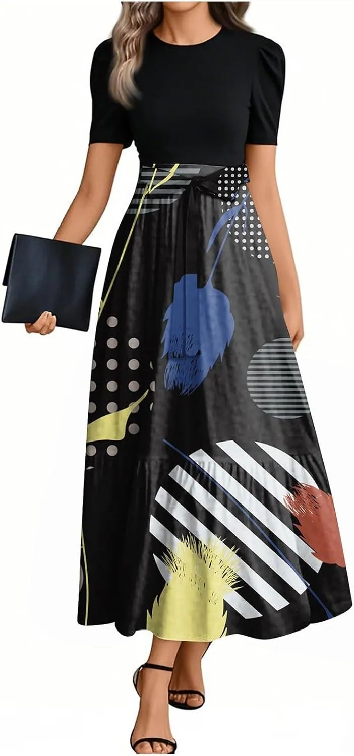 ZEFOTIM Maxi Dress for Women Beach Striped Dress Short Sleeve Crew Neck Dresses with Belt