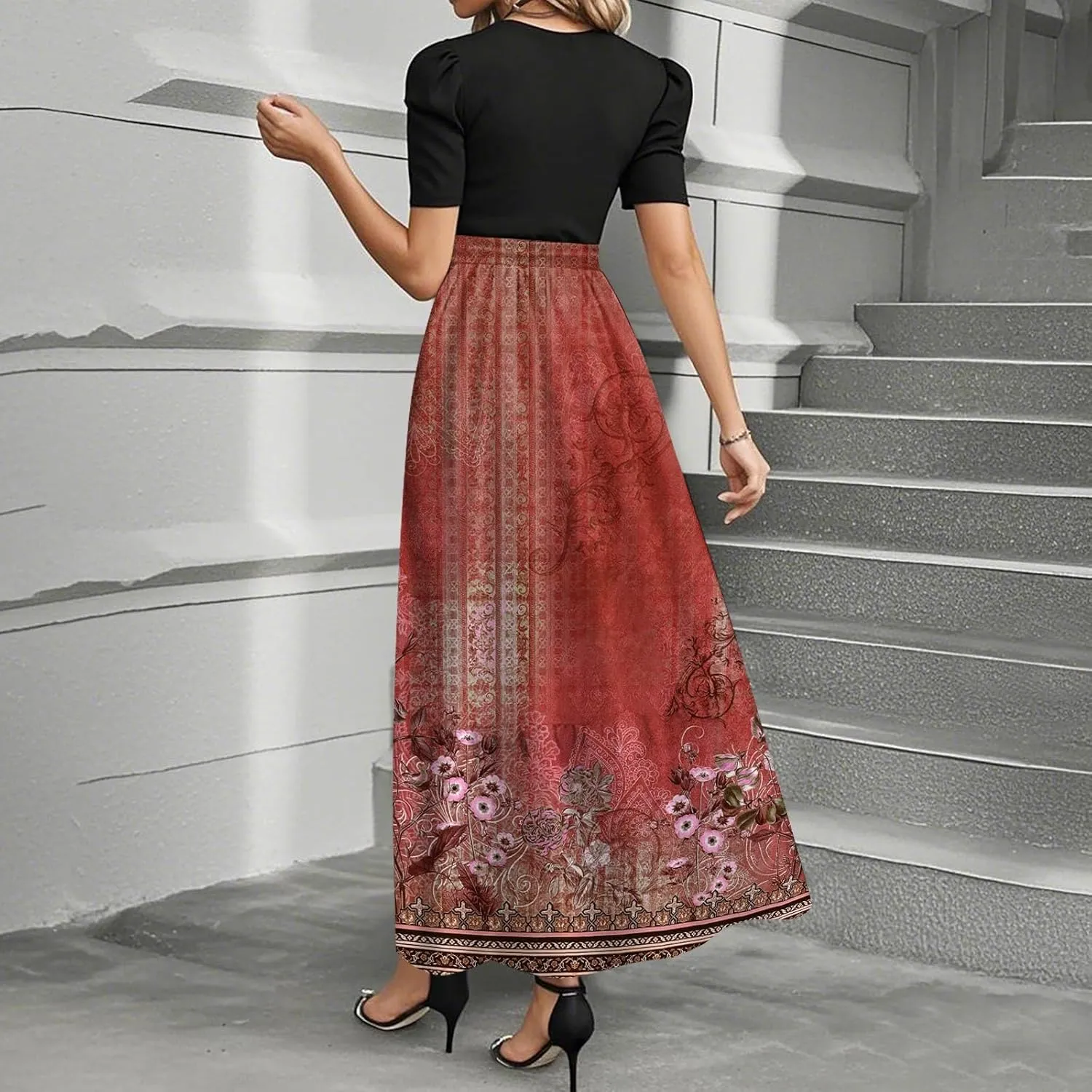 ZEFOTIM Maxi Dress for Women Curvy Floral Dress Short Sleeve Crew Neck Dresses with Belt
