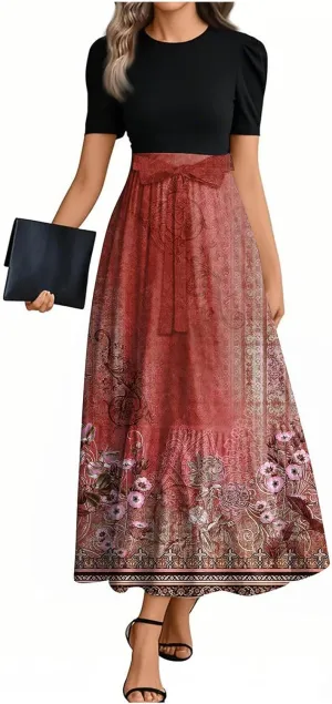 ZEFOTIM Maxi Dress for Women Curvy Floral Dress Short Sleeve Crew Neck Dresses with Belt