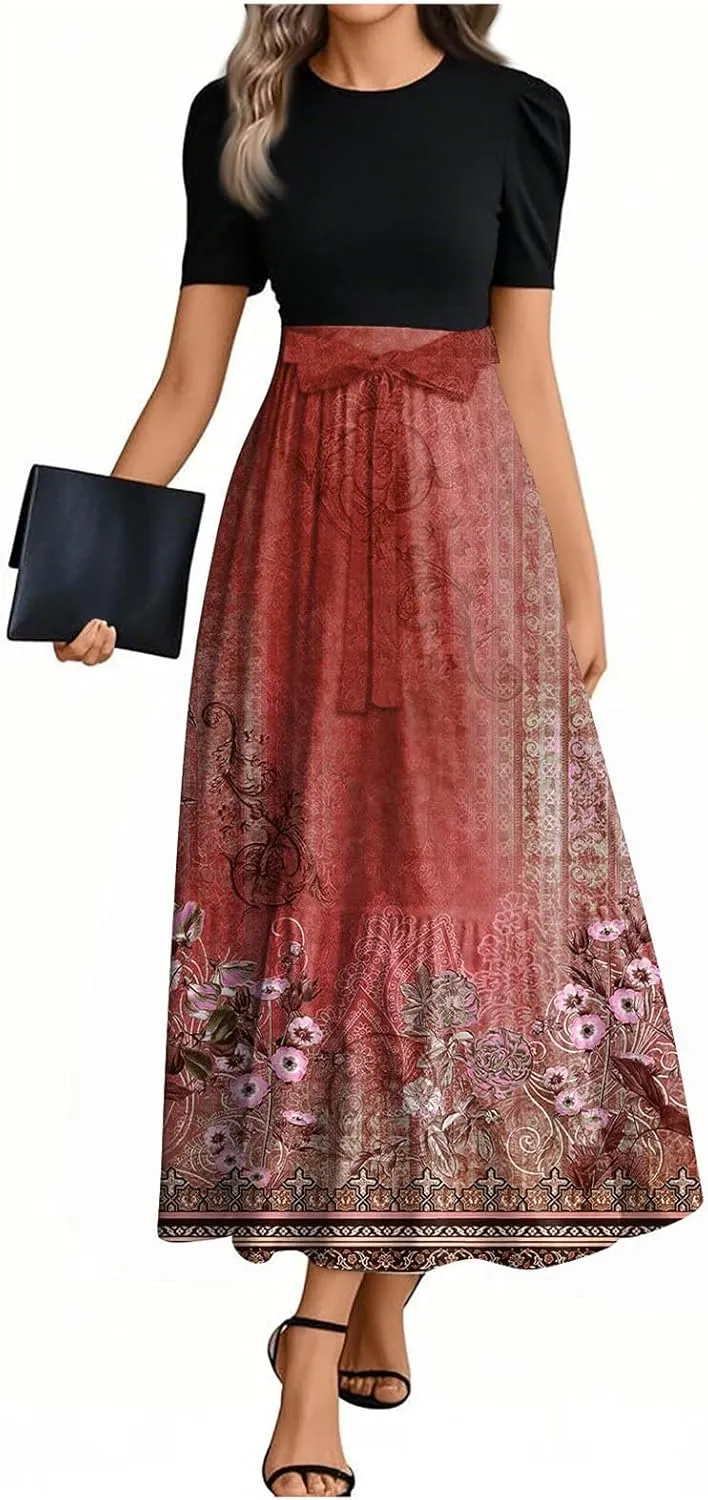 ZEFOTIM Maxi Dress for Women Curvy Floral Dress Short Sleeve Crew Neck Dresses with Belt