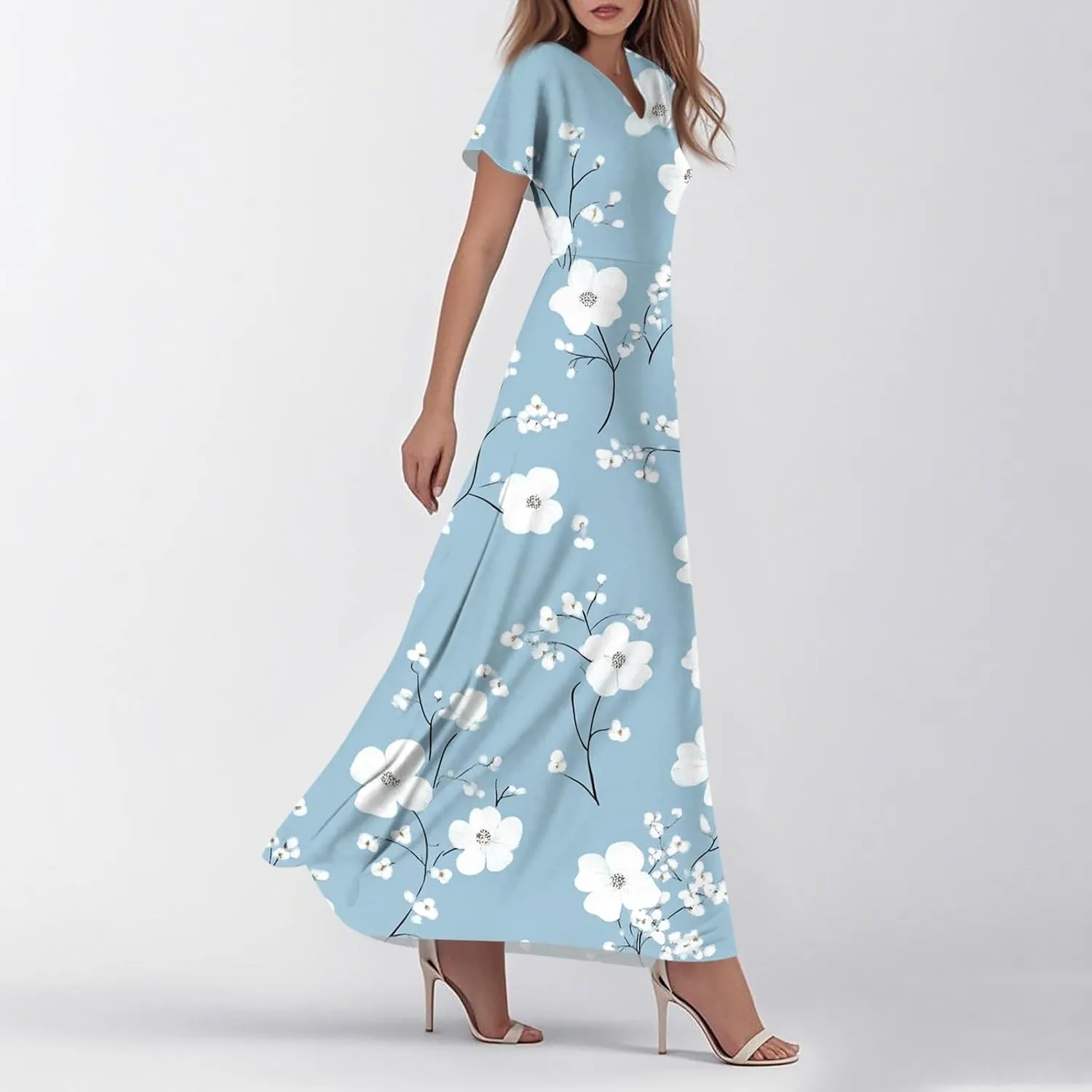 ZEFOTIM Women's Maxi Dress Flower Floral Dress Short Sleeve V Neck Dresses