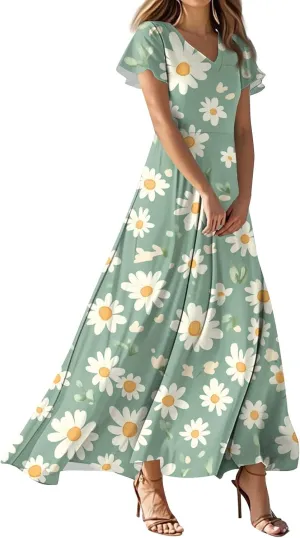 ZEFOTIM Women's Maxi Dress Flower Floral Dress Short Sleeve V Neck Dresses