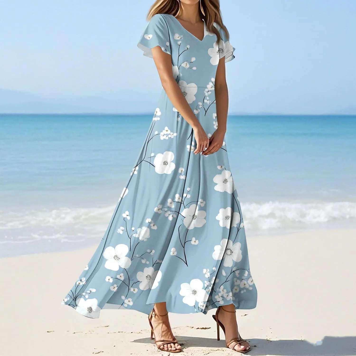 ZEFOTIM Women's Maxi Dress Flower Floral Dress Short Sleeve V Neck Dresses