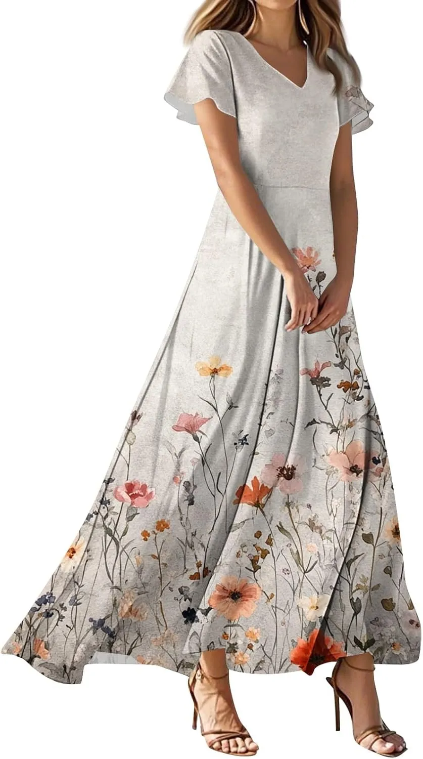 ZEFOTIM Women's Maxi Dress Flower Floral Dress Short Sleeve V Neck Dresses