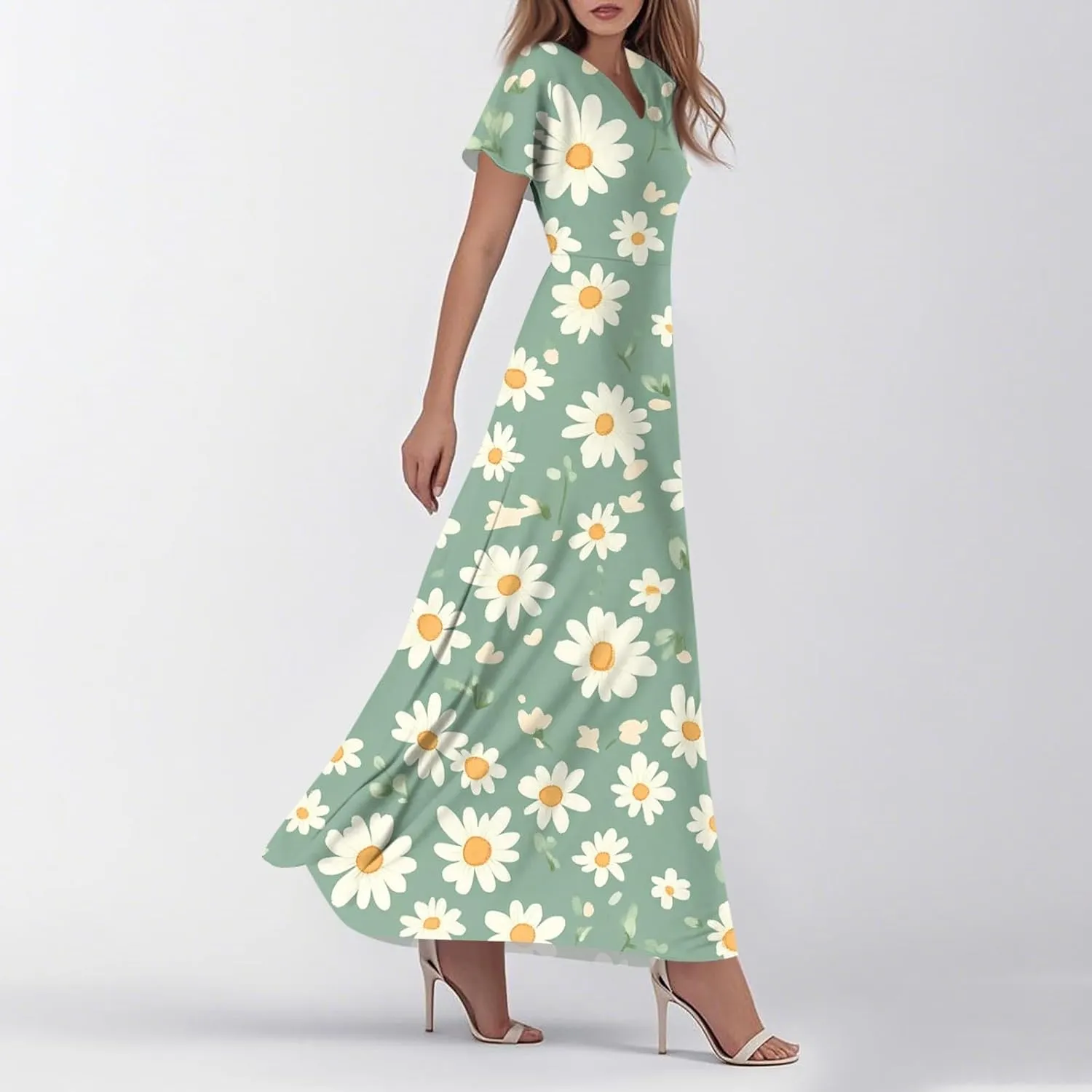 ZEFOTIM Women's Maxi Dress Flower Floral Dress Short Sleeve V Neck Dresses