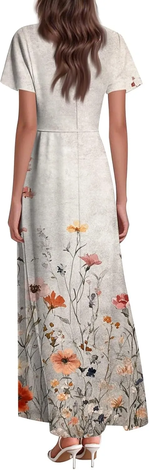 ZEFOTIM Women's Maxi Dress Flower Floral Dress Short Sleeve V Neck Dresses