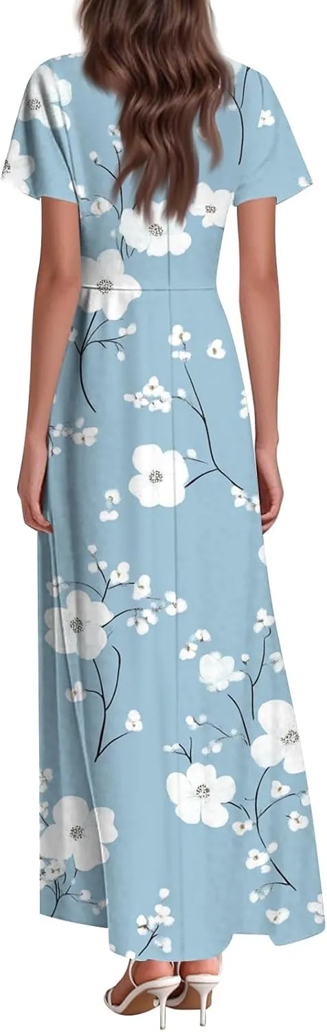 ZEFOTIM Women's Maxi Dress Flower Floral Dress Short Sleeve V Neck Dresses