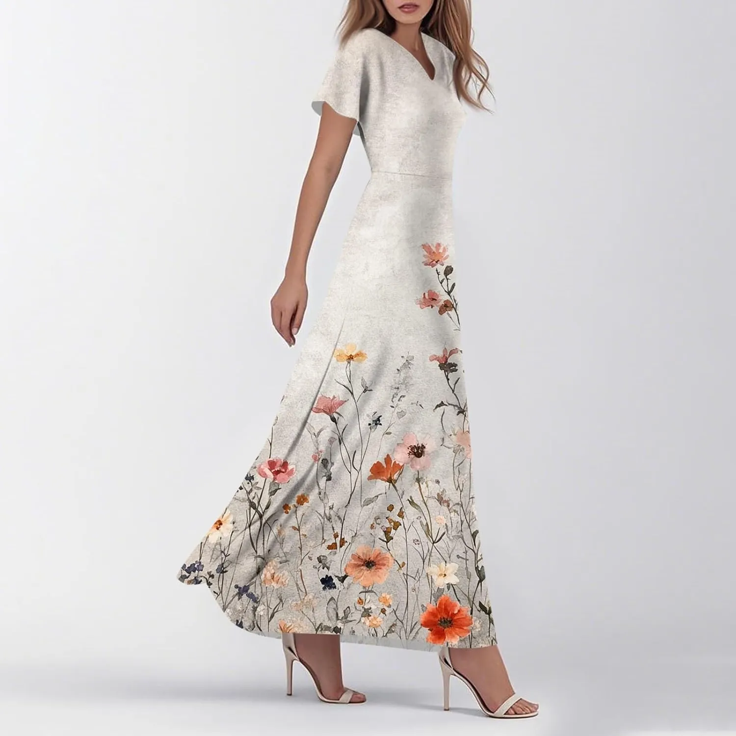 ZEFOTIM Women's Maxi Dress Flower Floral Dress Short Sleeve V Neck Dresses