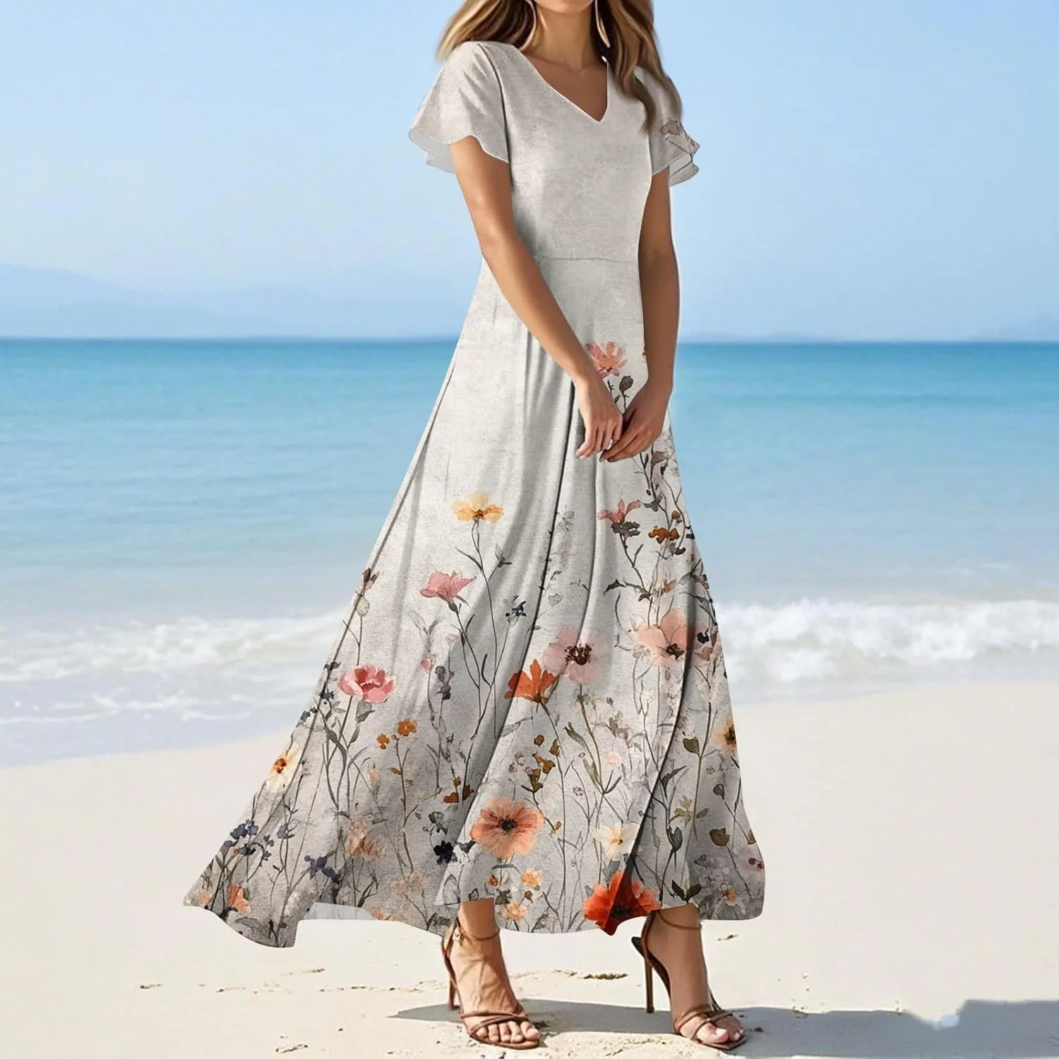 ZEFOTIM Women's Maxi Dress Flower Floral Dress Short Sleeve V Neck Dresses