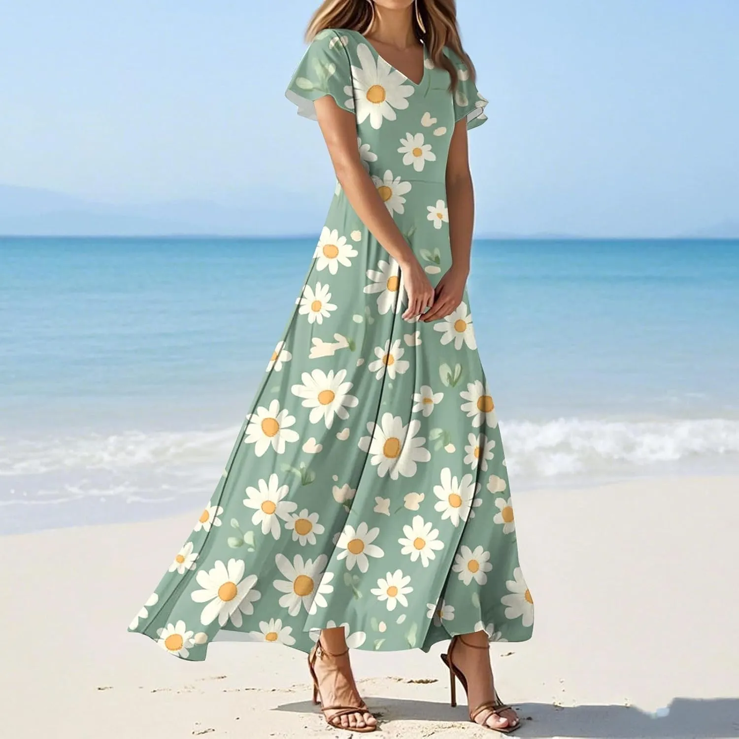ZEFOTIM Women's Maxi Dress Flower Floral Dress Short Sleeve V Neck Dresses