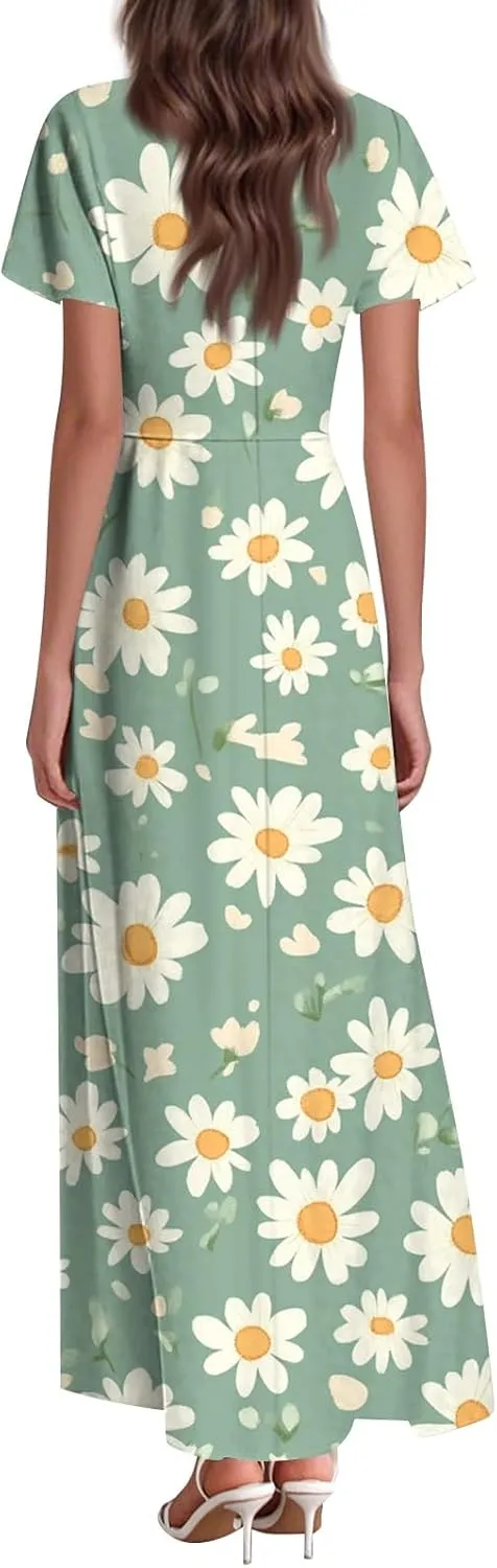 ZEFOTIM Women's Maxi Dress Flower Floral Dress Short Sleeve V Neck Dresses