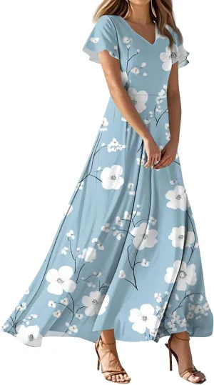 ZEFOTIM Women's Maxi Dress Flower Floral Dress Short Sleeve V Neck Dresses