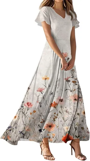 ZEFOTIM Women's Maxi Dress Flower Floral Dress Short Sleeve V Neck Dresses