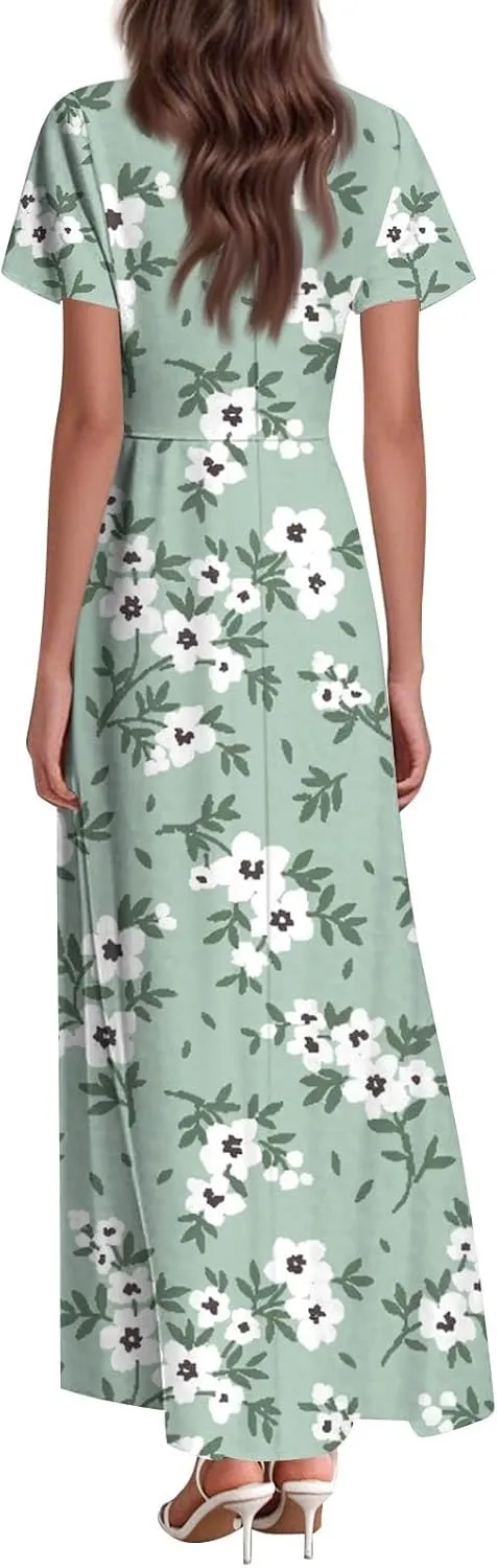 ZEFOTIM Women's Maxi Dress Holiday Floral Dress Short Sleeve V Neck Dresses