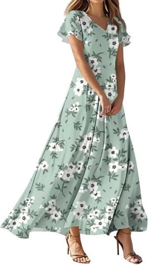 ZEFOTIM Women's Maxi Dress Holiday Floral Dress Short Sleeve V Neck Dresses