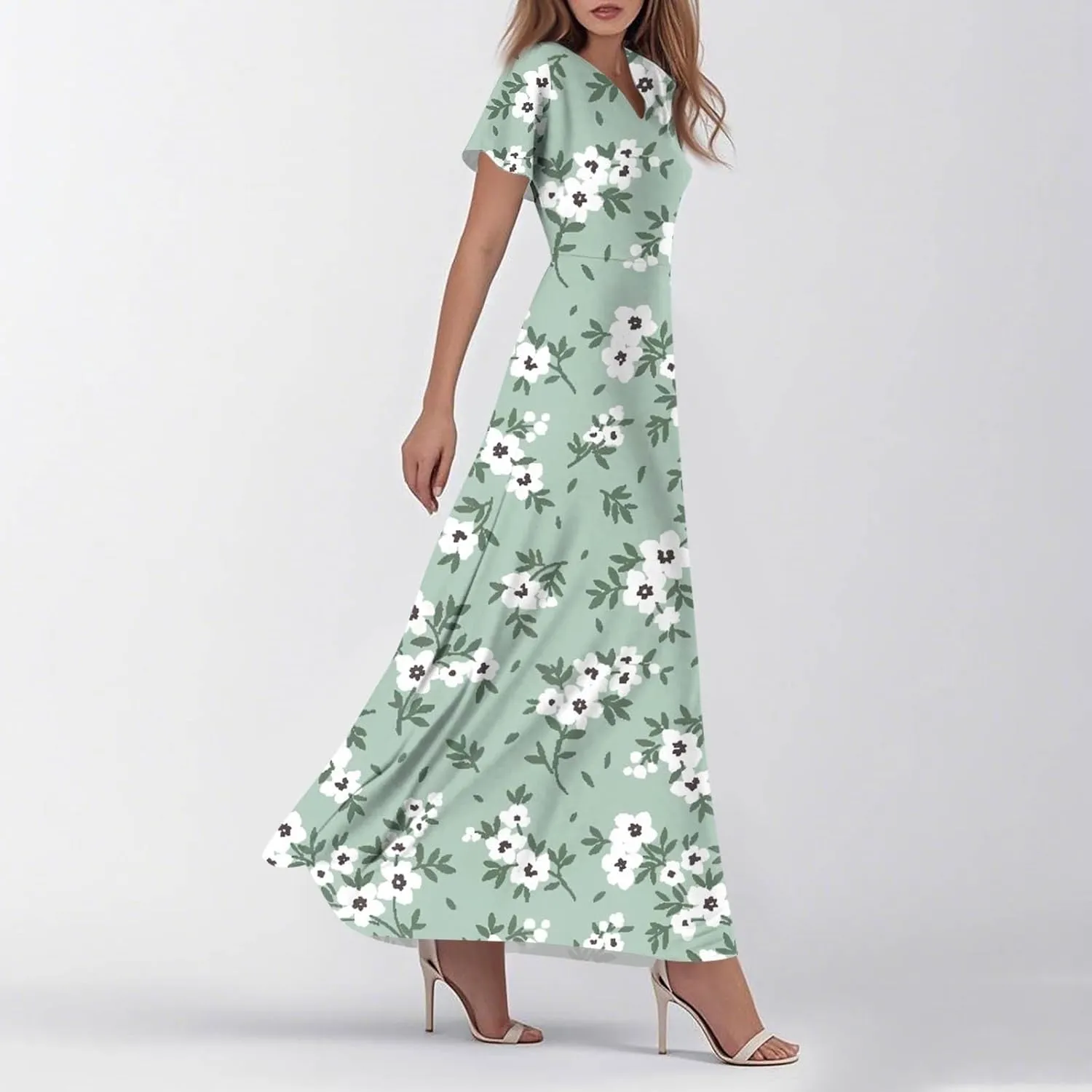 ZEFOTIM Women's Maxi Dress Holiday Floral Dress Short Sleeve V Neck Dresses