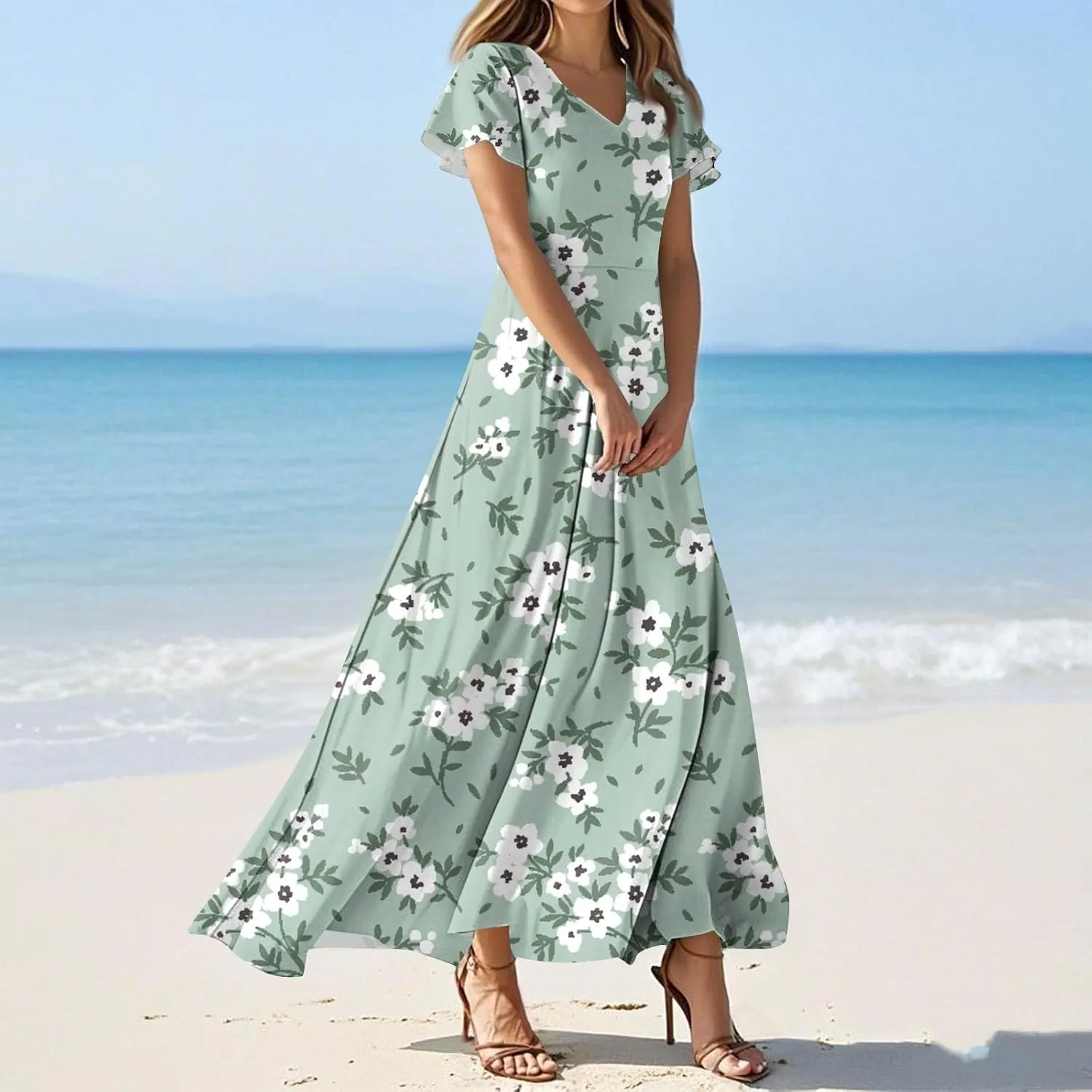 ZEFOTIM Women's Maxi Dress Holiday Floral Dress Short Sleeve V Neck Dresses