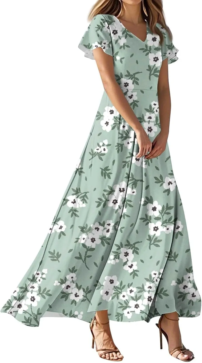 ZEFOTIM Women's Maxi Dress Holiday Floral Dress Short Sleeve V Neck Dresses