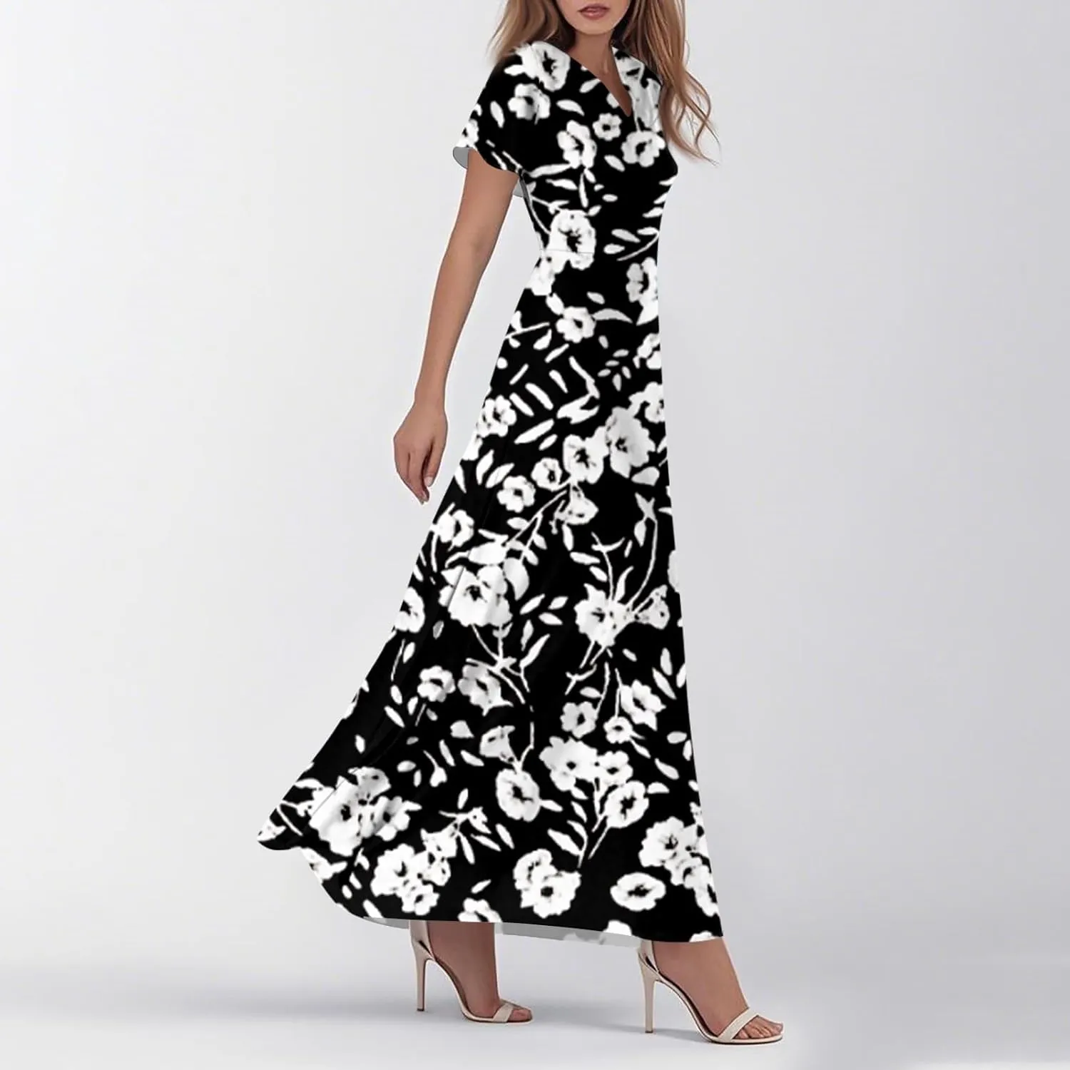 ZEFOTIM Women's Maxi Dress Party Floral Dress Short Sleeve V Neck Dresses
