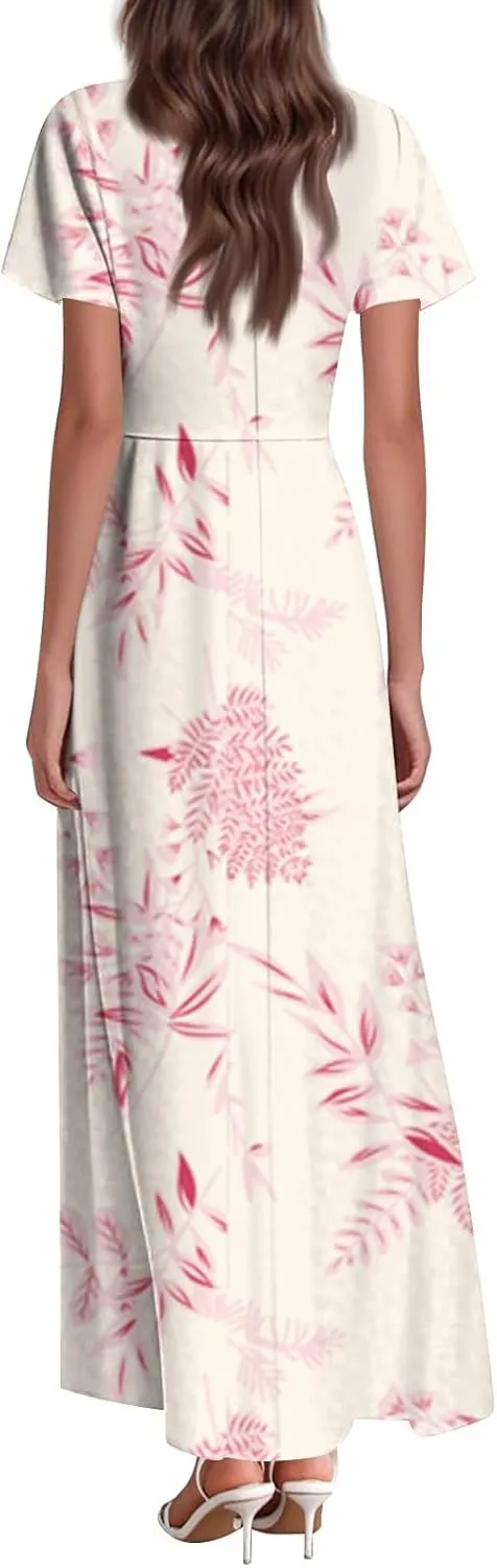 ZEFOTIM Women's Maxi Dress Party Floral Dress Short Sleeve V Neck Dresses