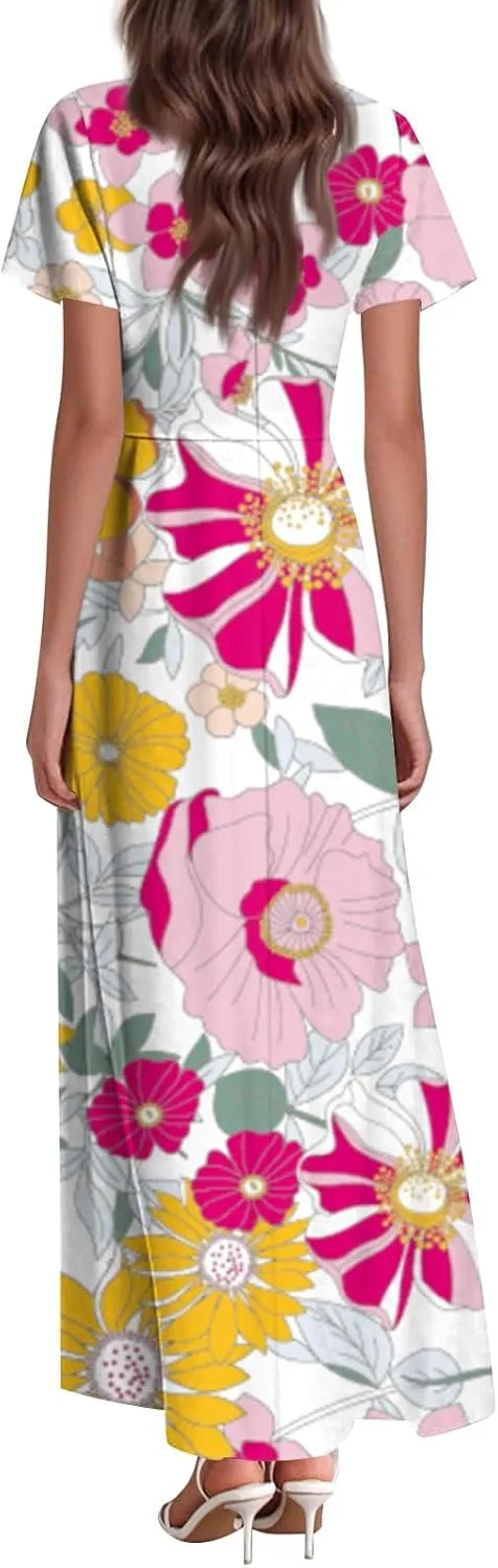 ZEFOTIM Women's Maxi Dress Party Floral Dress Short Sleeve V Neck Dresses