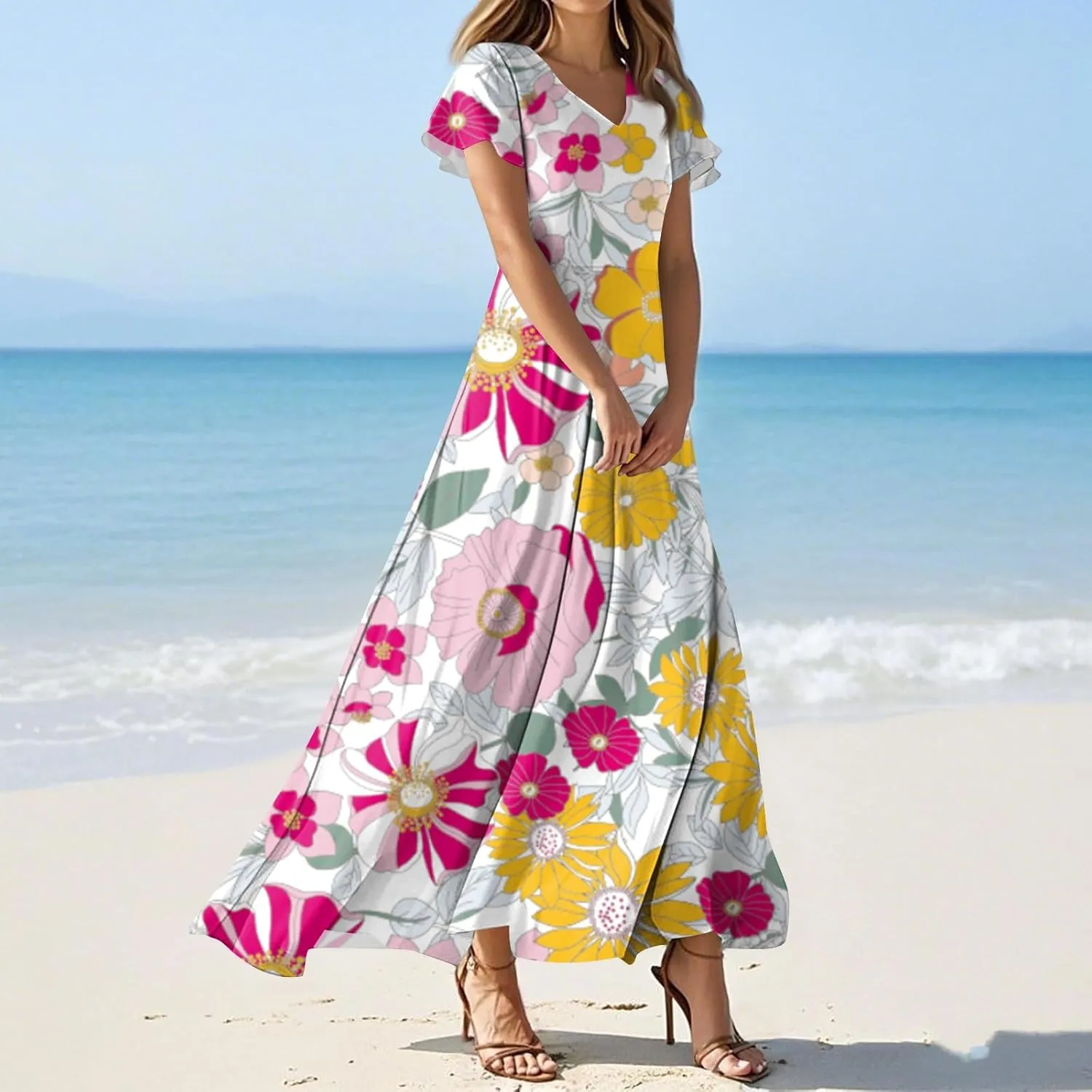 ZEFOTIM Women's Maxi Dress Party Floral Dress Short Sleeve V Neck Dresses