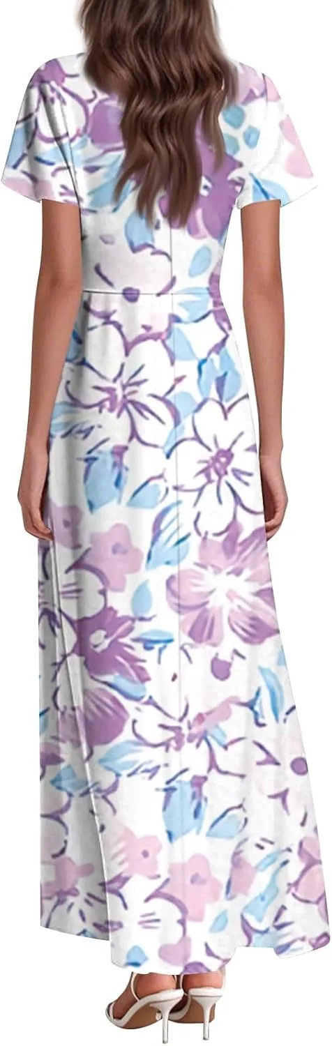 ZEFOTIM Women's Maxi Dress Party Floral Dress Short Sleeve V Neck Dresses