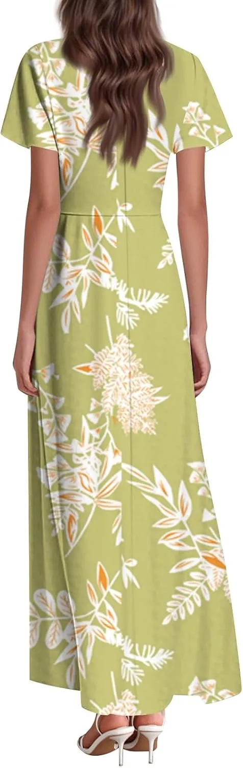 ZEFOTIM Women's Maxi Dress Party Floral Dress Short Sleeve V Neck Dresses