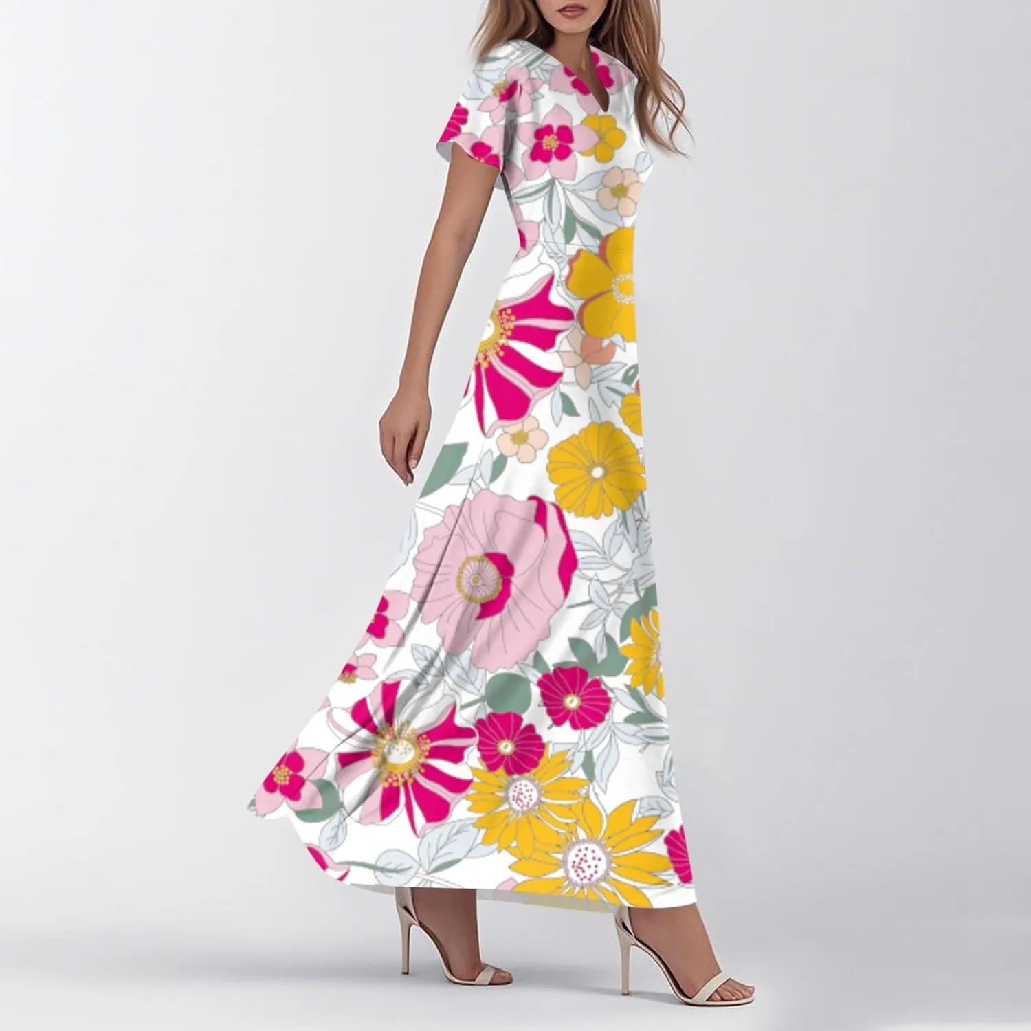 ZEFOTIM Women's Maxi Dress Party Floral Dress Short Sleeve V Neck Dresses