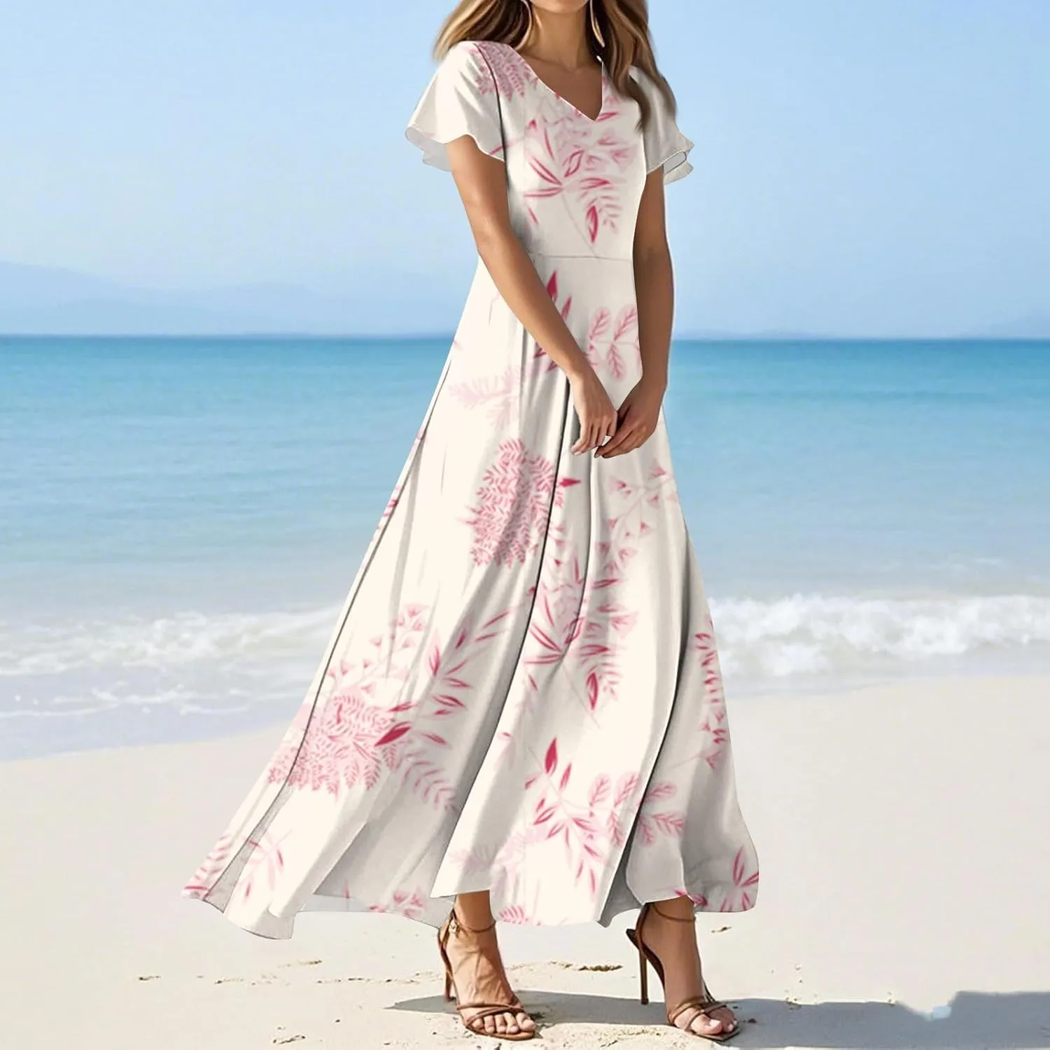 ZEFOTIM Women's Maxi Dress Party Floral Dress Short Sleeve V Neck Dresses