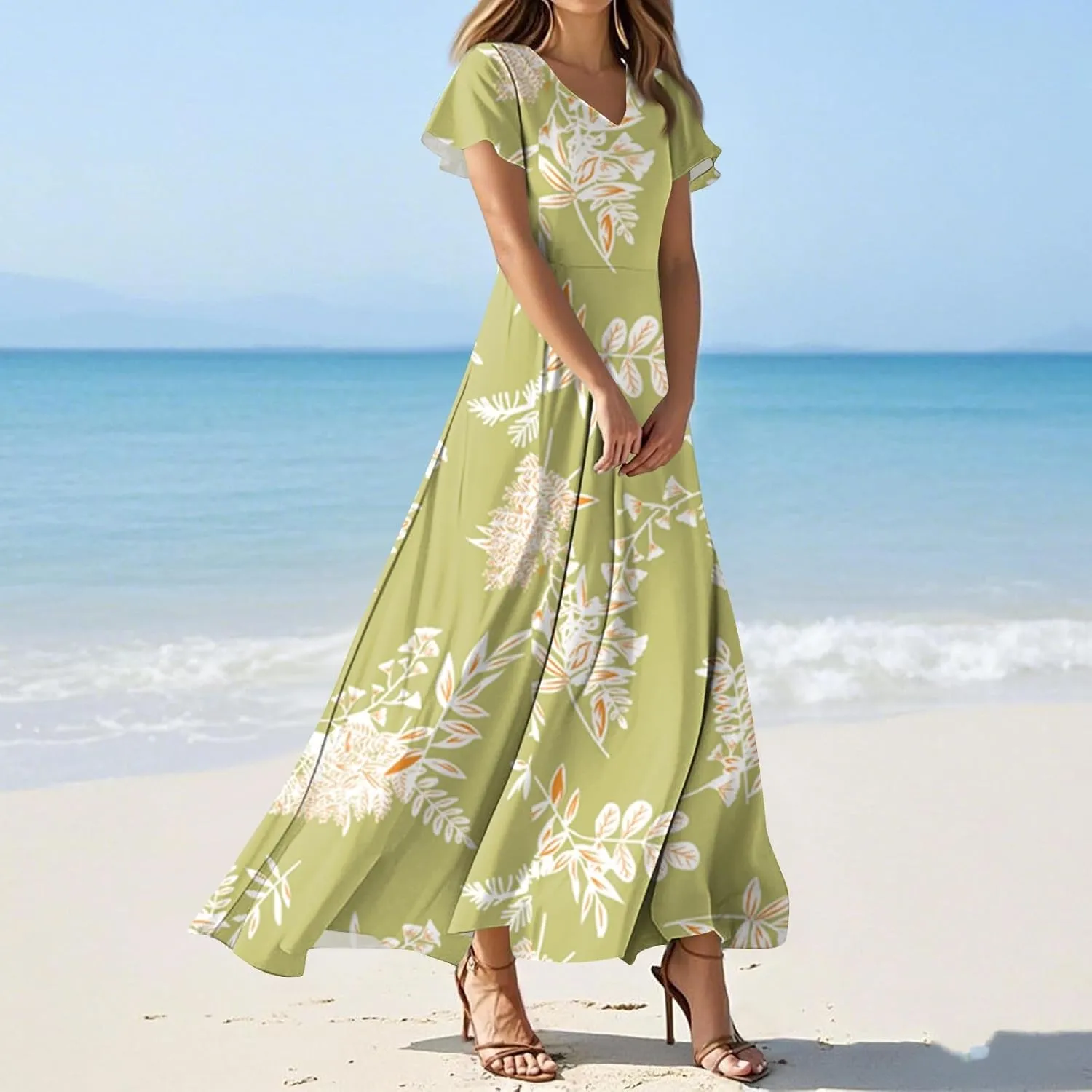 ZEFOTIM Women's Maxi Dress Party Floral Dress Short Sleeve V Neck Dresses