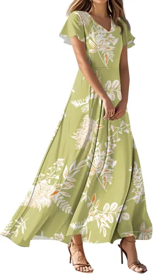 ZEFOTIM Women's Maxi Dress Party Floral Dress Short Sleeve V Neck Dresses