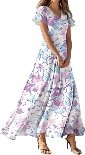ZEFOTIM Women's Maxi Dress Party Floral Dress Short Sleeve V Neck Dresses