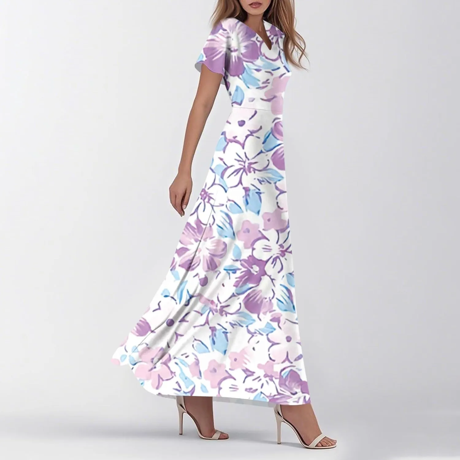 ZEFOTIM Women's Maxi Dress Party Floral Dress Short Sleeve V Neck Dresses