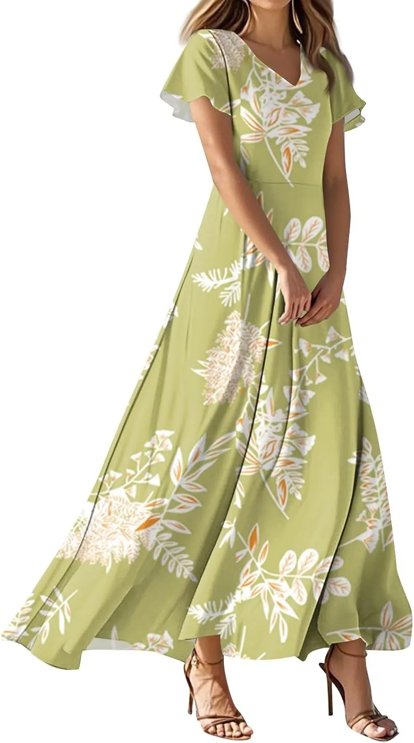 ZEFOTIM Women's Maxi Dress Party Floral Dress Short Sleeve V Neck Dresses