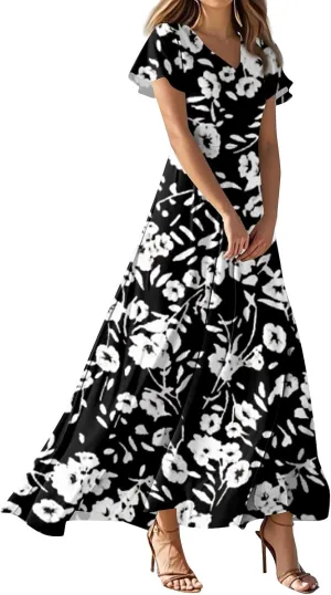 ZEFOTIM Women's Maxi Dress Party Floral Dress Short Sleeve V Neck Dresses